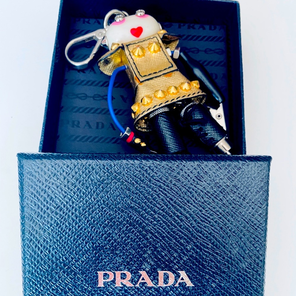 AUTHENTIC PRADA GIRL ROBOT LOGO CHARM KEYCHAIN NIB